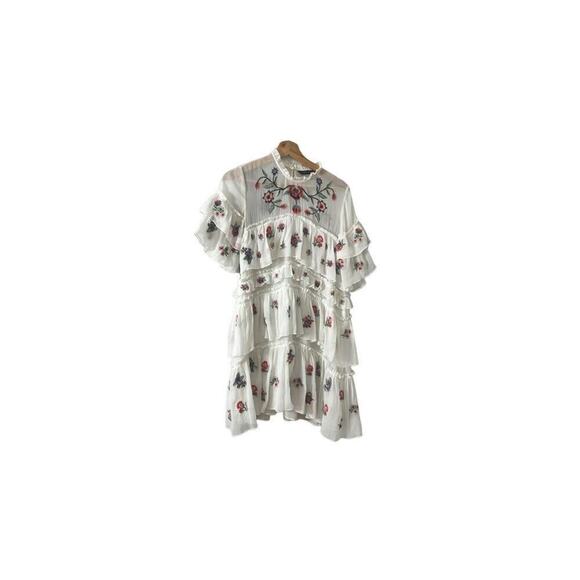 Zara Womens White Floral Embroidered Tiered Lace Chiffon Shift Mini Dress Size X - Picture 1 of 7